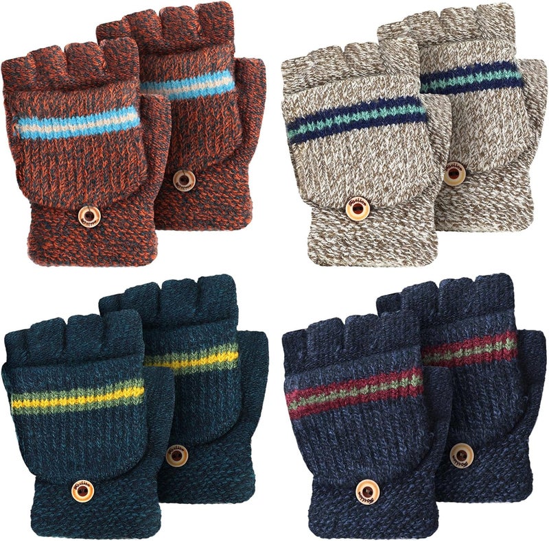 Yahenda 4 Pairs Kids Mittens Fingerless Gloves Winter Knitted Convertible Mittens for Toddler Boy Girl Aged 5-10 - Image 1